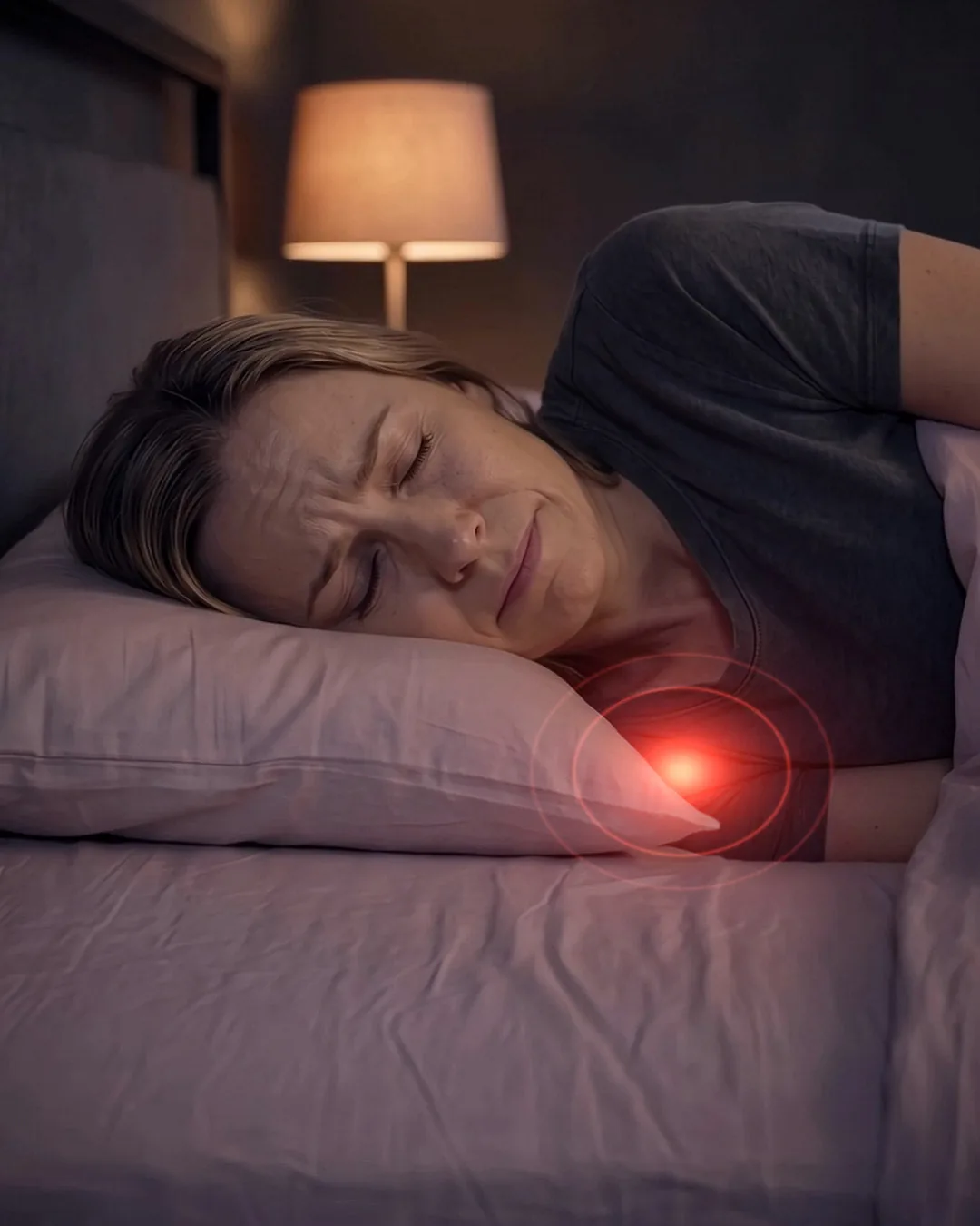 A woman lying on her side on a flat pillow at night, wincing, a red glow on the shoulder pressed beneath her