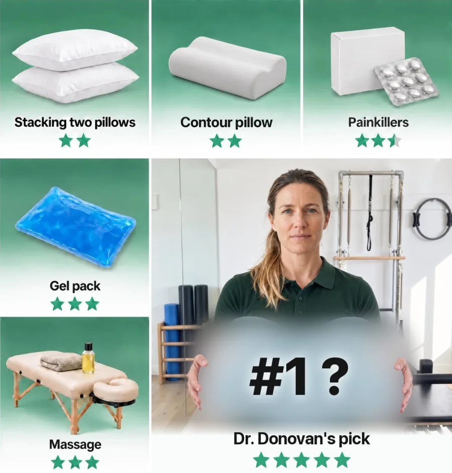 Five things side sleepers try for a sore shoulder, each with a star rating: stacking two pillows, a contour pillow, painkillers, a gel pack and massage, beside Dr. Donovan holding her blurred five-star #1 pick